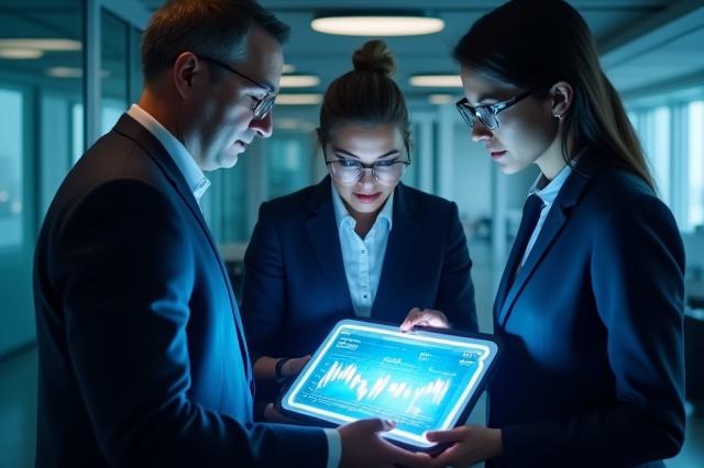 Diverse professionals collaborating around a futuristic financial data display, symbolizing strategic planning.